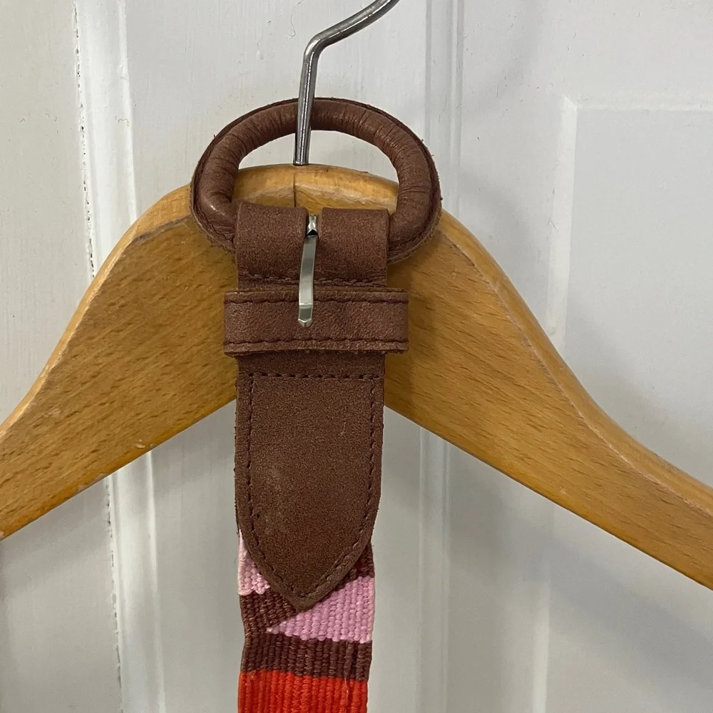 Vintage Colorful Striped Belt with Brown leather Buckle adjustable Guatemala OS
